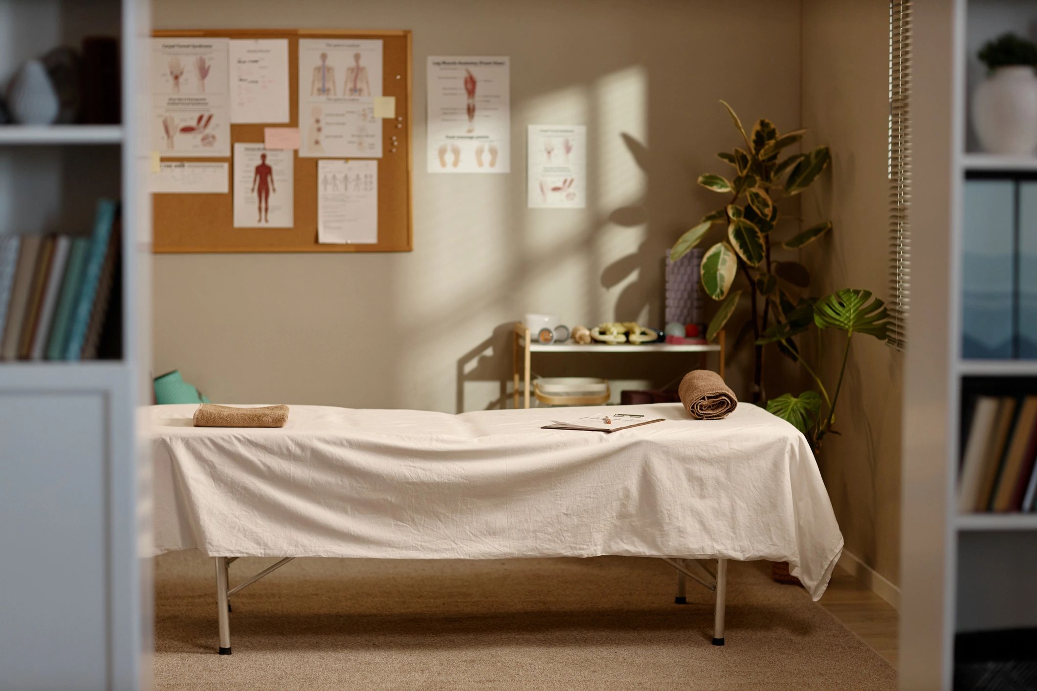 Physical therapy treatment room prepared for client care session